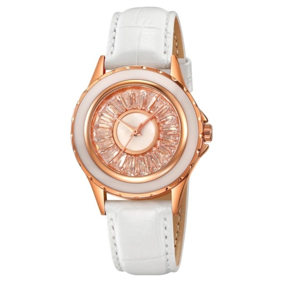 Invicta Celestial Women Watch 70371 Gold Crystal Champagne Dial White Leather